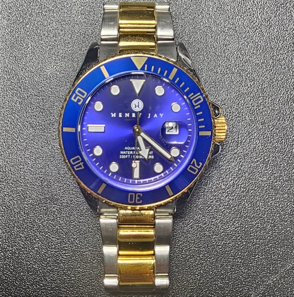 Henry Jay Quartz 23K Gold Plate Stainless Steel Aquamaster Dive Watch w/Date